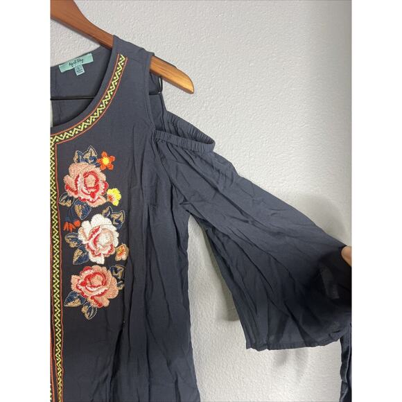 APRIL SKY‎ Women's Large Boho Embroidered Floral Tunic Top Cold Shoulder Peasant - Picture 2 of 9